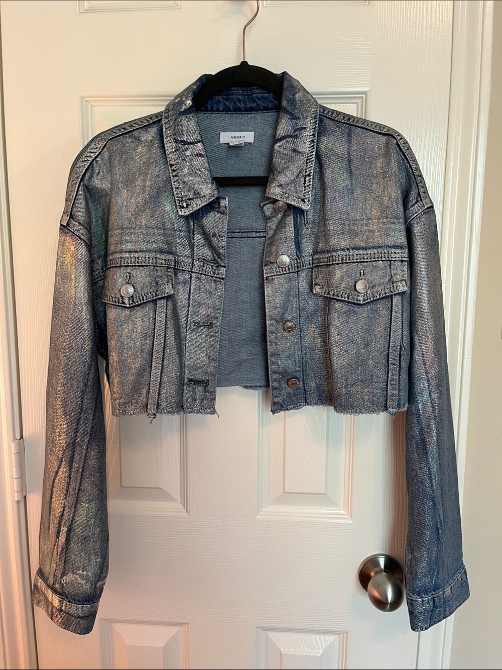Forever 21 Iridescent Metallic Cropped Jean Jacket